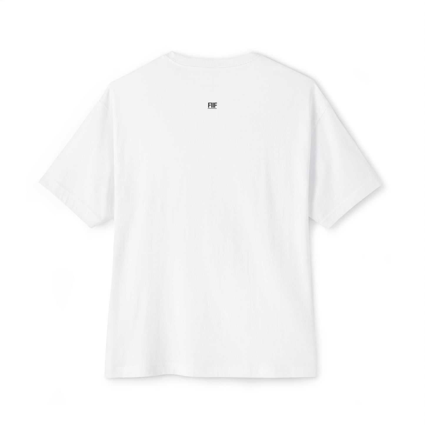 White t-shirt with a small logo on the back against a white background