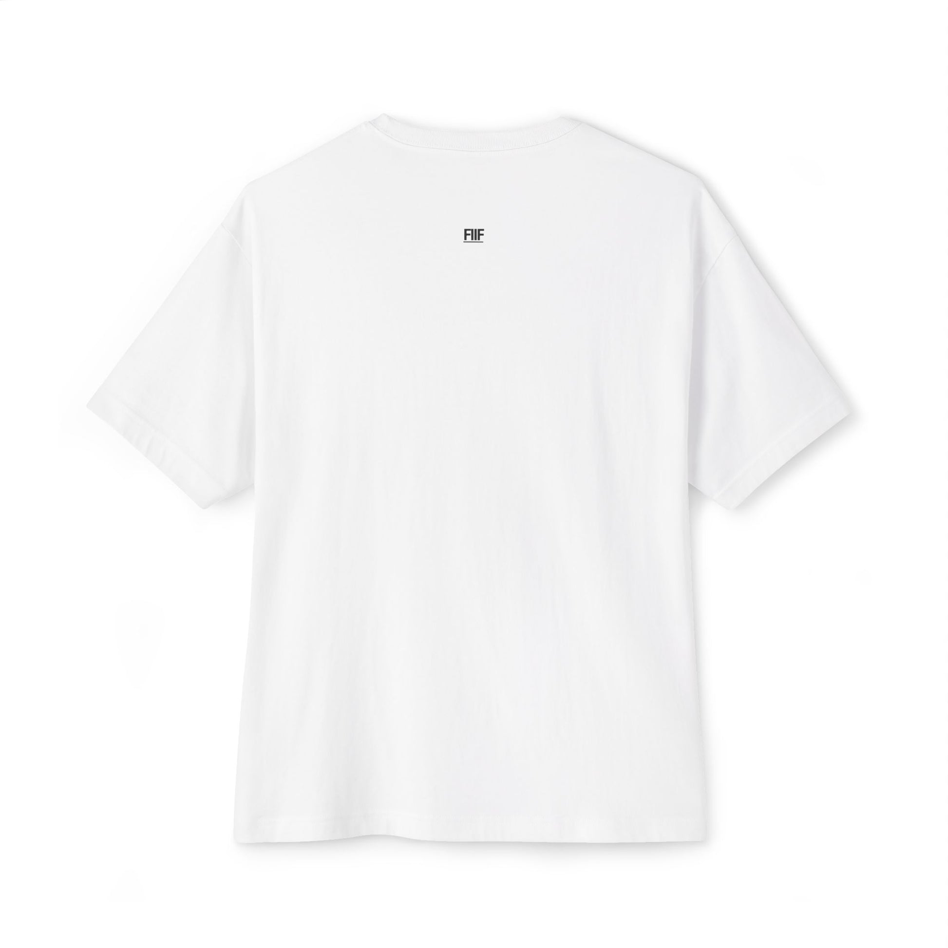 White t-shirt with a small logo on the back against a white background