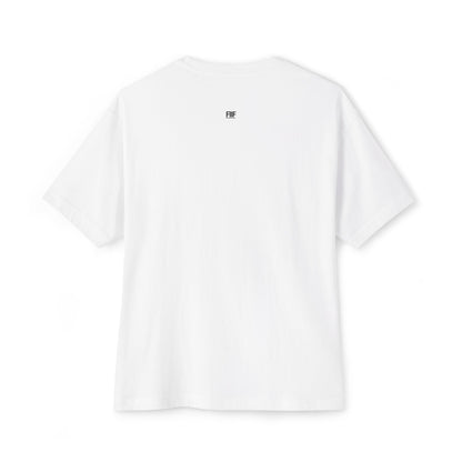White t-shirt with a small logo on the back against a white background