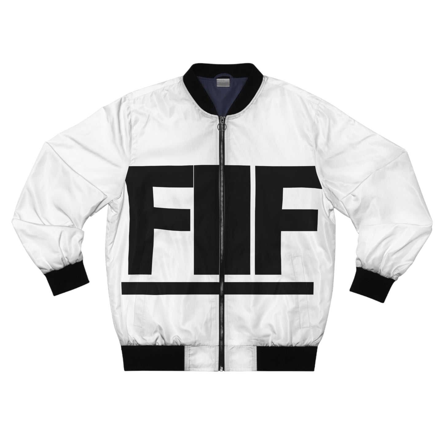 White bomber jacket with black accents and 'FIIF' logo on a white background
