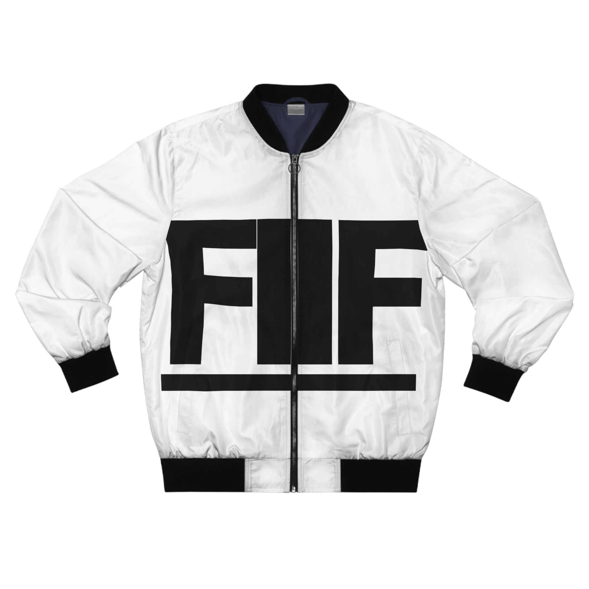 White bomber jacket with black accents and 'FIIF' logo on a white background