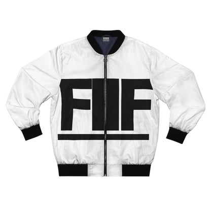 White bomber jacket with black accents and 'FIIF' logo on a white background