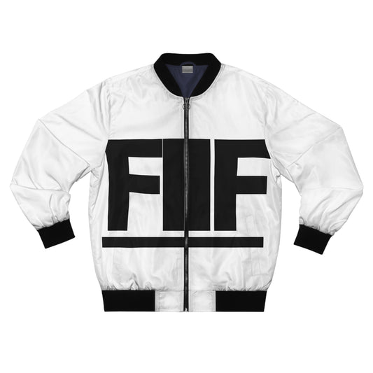 White bomber jacket with black accents and 'FIIF' logo on a white background