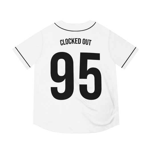 White t-shirt with 'Clocked Out 95' text on a white background