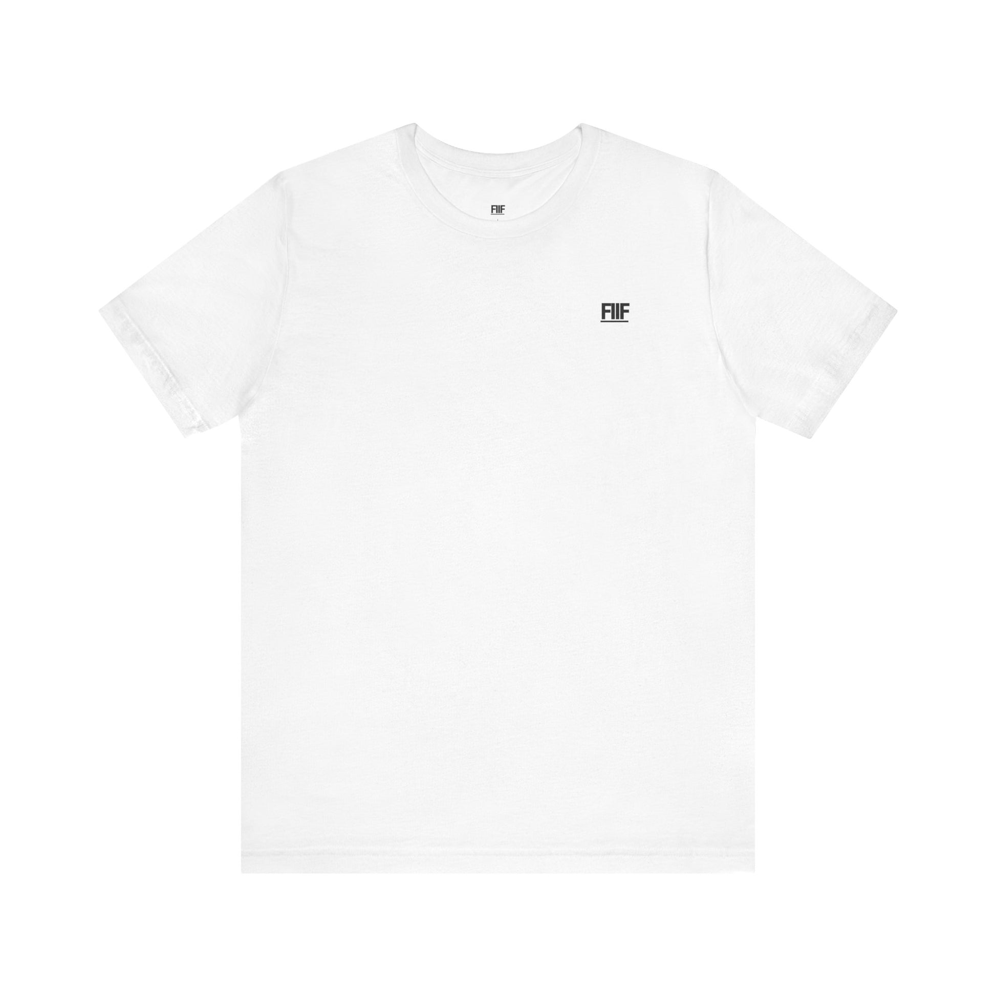 White t-shirt with a small black logo on a white background