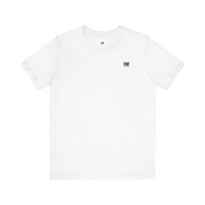 White t-shirt with a small black logo on a white background