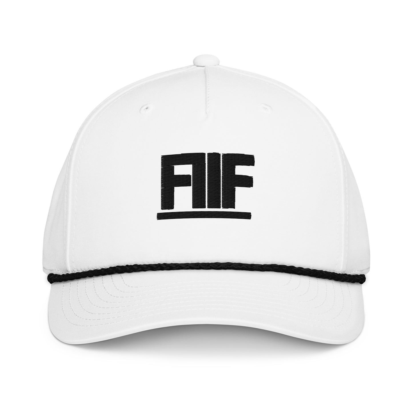 White cap with black logo on a white background