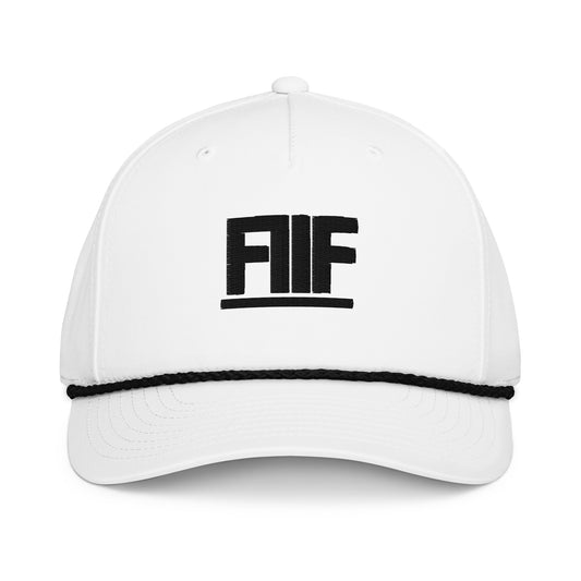 White cap with black logo on a white background