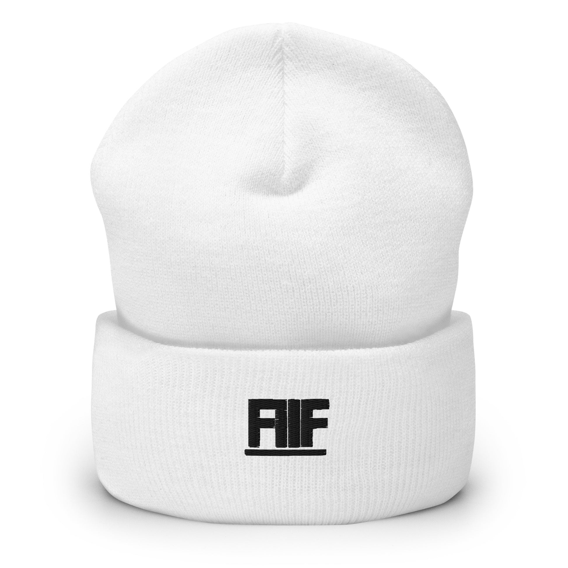 White beanie with a black logo on a white background