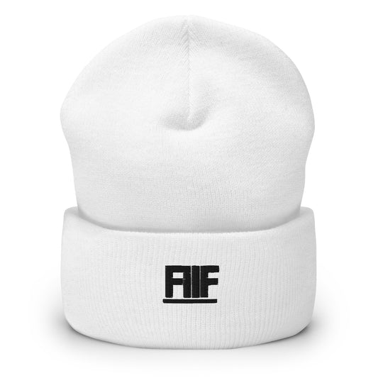 White beanie with a black logo on a white background